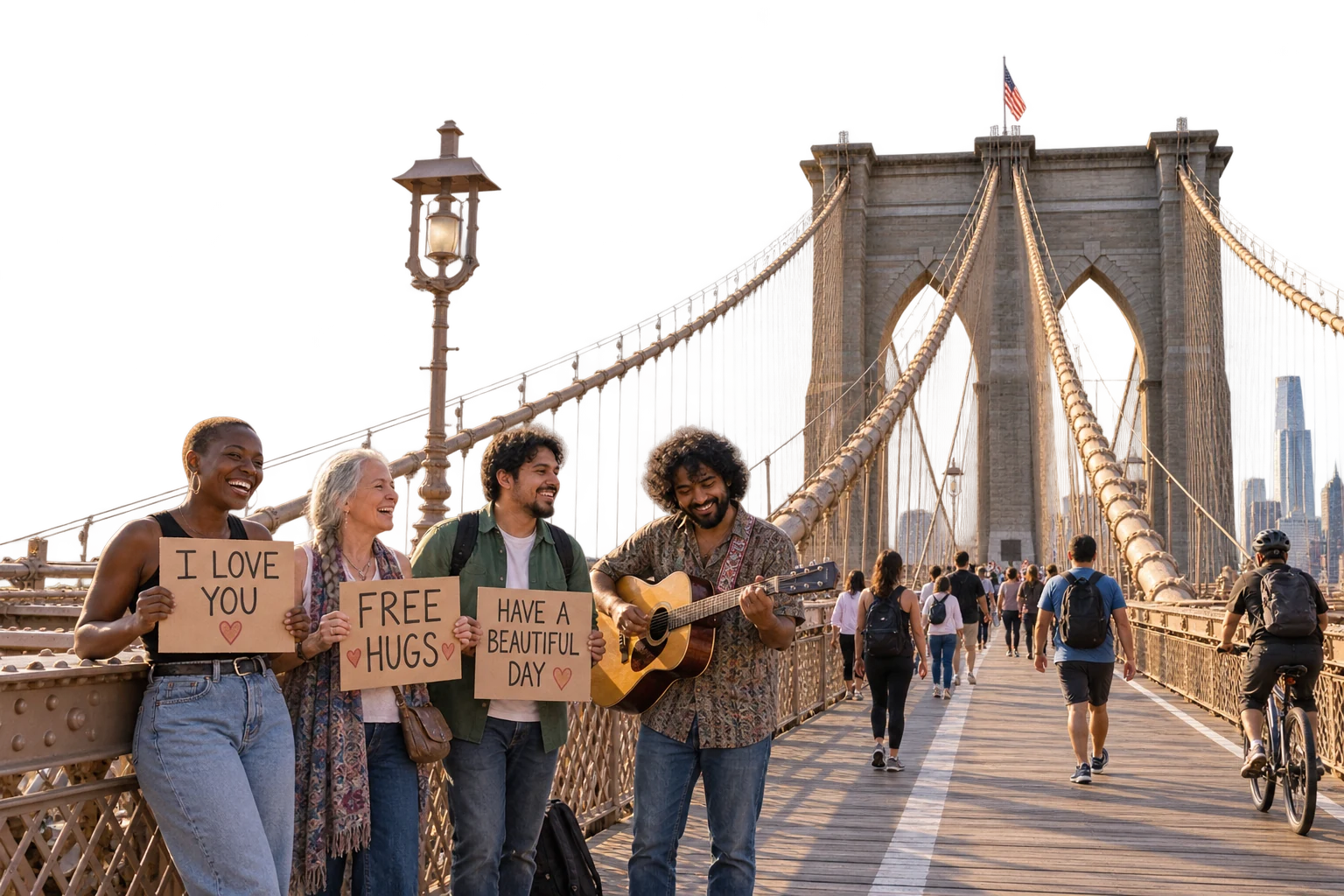 A vision of volunteers with kindness signs and a guitar beside the open wooden Brooklyn Bridge walkway