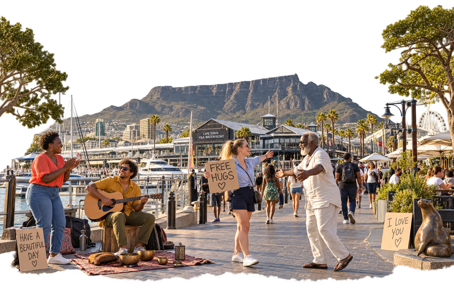 Imagined kindness gathering at V&A Waterfront, Cape Town, with a different local group and space for everyone to pass