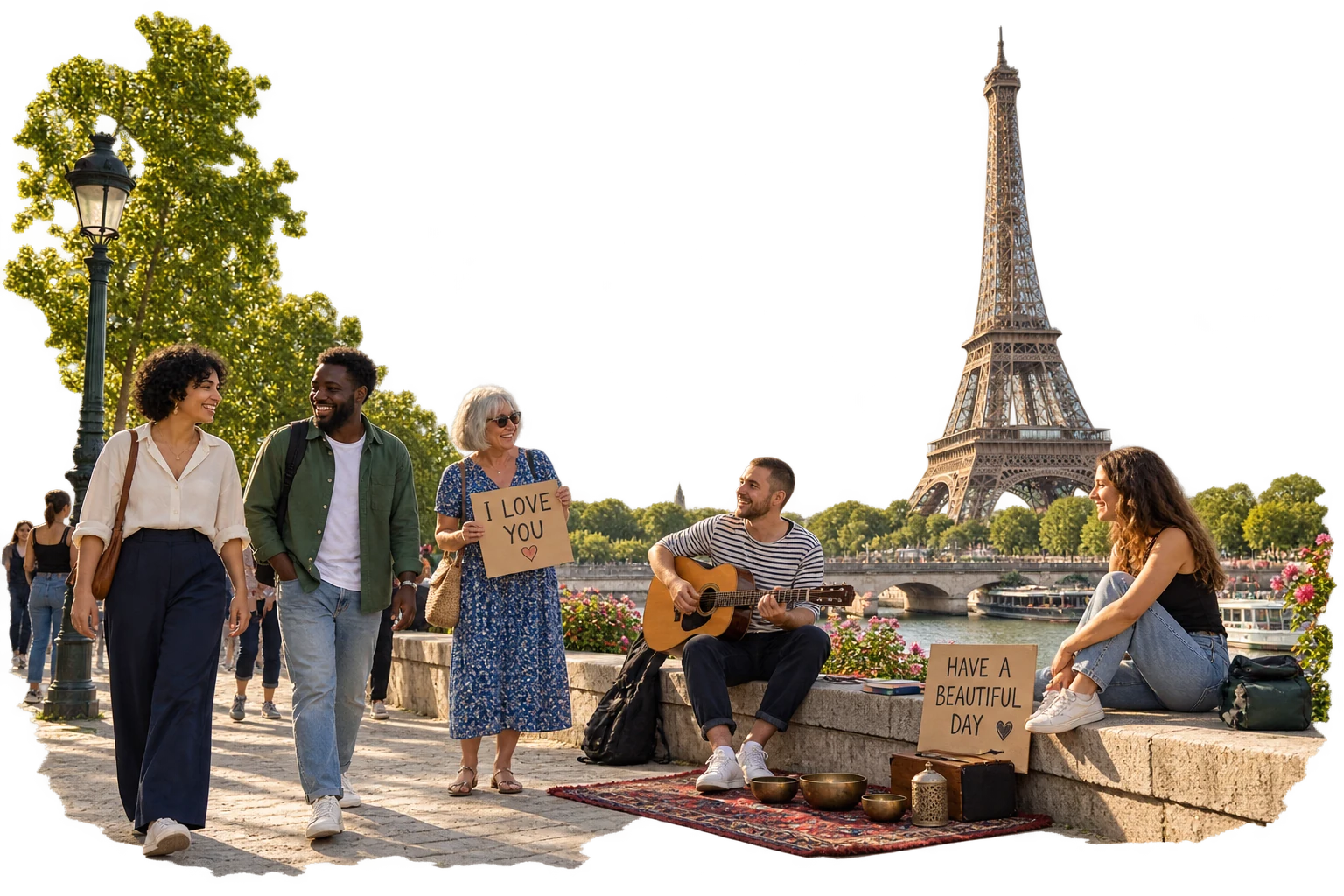 Imagined kindness gathering at Near the Eiffel Tower, Paris, with a different local group and space for everyone to pass